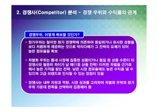 2. 경쟁사(Competitor) 분석 - 경쟁 우위와 수익률의 관계

경쟁우위, 어떻게 확보할 것인가?
- 원가우위는 철저한 원가 경쟁력에 의존하여 동일하거나 유사한 상품을
보다 저렴하게 제공하는 것으로 박리다매가 그 전략의 요체가 되어
높은 점유율을 확보
- 차별화 우위는 틈새 시장에 집중한 상품이거나 품질 등 상품 수준이 타
경쟁사와 월등히 차이가 날 때(1등 상품 전략) 이러한 차별을 근거로
해서 높은 가격을 받는 전략. 낮은 시장 점유율에도 높은 수익을 낼 수
있으며 고급 브랜드로 인식될 수 있는 장점이 있음
- 경쟁사는 내부 자원과 역량, 시장 성과를 고려하여 차별화 우위와 원가
우위 가운데 한쪽을 선택하여 집중해야 함

 