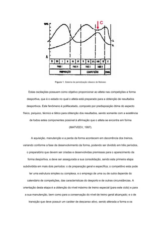 Figura 1. Sistema de periodização clássico de Matveev
Estas oscilações possuem como objetivo proporcionar ao atleta nas competições a forma
desportiva, que é o estado no qual o atleta está preparado para a obtenção de resultados
desportivos. Este fenômeno é polifacetado, composto por predisposição ótima do aspecto
físico, psíquico, técnico e tático para obtenção dos resultados, sendo somente com a existência
de todos estes componentes possível à afirmação que o atleta se encontra em forma
(MATVEEV, 1997).
A aquisição, manutenção e a perda da forma acontecem em decorrência dos treinos,
variando conforme a fase de desenvolvimento da forma, podendo ser dividido em três períodos,
o preparatório que devem ser criadas e desenvolvidas premissas para o aparecimento da
forma desportiva, e deve ser assegurada a sua consolidação, sendo esta primeira etapa
subdividida em mais dois períodos: o de preparação geral e específica; o competitivo esta pode
ter uma estrutura simples ou complexa, e o emprego de uma ou de outra depende do
calendário de competições, das características do desporto e de outras circunstâncias. A
orientação desta etapa é a obtenção do nível máximo de treino especial (para este ciclo) e para
a sua manutenção, bem como para a conservação do nível de treino geral alcançado; e o de
transição que deve possuir um caráter de descanso ativo, sendo alterada a forma e os
 