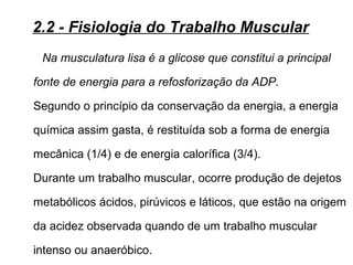 Na musculatura lisa é a glicose que constitui a principal
fonte de energia para a refosforização da ADP.
Segundo o princípio da conservação da energia, a energia
química assim gasta, é restituída sob a forma de energia
mecânica (1/4) e de energia calorífica (3/4).
Durante um trabalho muscular, ocorre produção de dejetos
metabólicos ácidos, pirúvicos e láticos, que estão na origem
da acidez observada quando de um trabalho muscular
intenso ou anaeróbico.
2.2 - Fisiologia do Trabalho Muscular
 