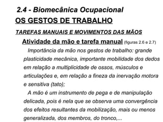 OS GESTOS DE TRABALHOOS GESTOS DE TRABALHO
TAREFAS MANUAIS E MOVIMENTOS DAS MÃOS
Atividade da mão e tarefa manual (figuras 2.6 e 2.7)
Importância da mão nos gestos de trabalho: grande
plasticidade mecânica, importante mobilidade dos dedos
em relação a multiplicidade de ossos, músculos e
articulações e, em relação a fineza da inervação motora
e sensitiva (tato);
A mão é um instrumento de pega e de manipulação
delicada, pois é nela que se observa uma convergência
dos efeitos resultantes da mobilização, mais ou menos
generalizada, dos membros, do tronco,...
2.4 - Biomecânica Ocupacional2.4 - Biomecânica Ocupacional
 