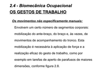 Os movimentos não especificamente manuais:
Envolvem um certo número de segmentos corporais:
mobilização do ante-braço, do braço e, às vezes, de
movimentos de acompanhamento do tronco. Esta
mobilização é necessária à aplicação de força e a
realização eficaz do gesto de trabalho, como por
exemplo em tarefas de aperto de parafusos de maiores
dimensões, conforme figura 2.8.
OS GESTOS DE TRABALHOOS GESTOS DE TRABALHO
2.4 - Biomecânica Ocupacional2.4 - Biomecânica Ocupacional
 