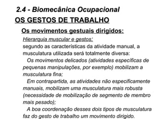 Os movimentos gestuais dirigidos:
Hierarquia muscular e gestos:
segundo as características da atividade manual, a
musculatura utilizada será totalmente diversa:
Os movimentos delicados (atividades específicas de
pequenas manipulações, por exemplo) mobilizam a
musculatura fina;
Em contrapartida, as atividades não especificamente
manuais, mobilizam uma musculatura mais robusta
(necessidade de mobilização de segmento de membro
mais pesado);
A boa coordenação desses dois tipos de musculatura
faz do gesto de trabalho um movimento dirigido.
OS GESTOS DE TRABALHOOS GESTOS DE TRABALHO
2.4 - Biomecânica Ocupacional2.4 - Biomecânica Ocupacional
 