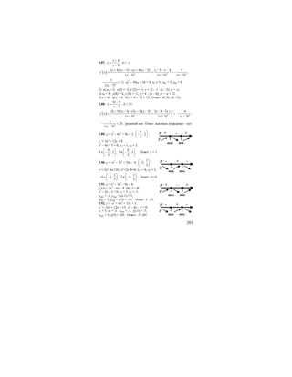 201
5.87.
4
,
5
x
y
x
+
=
−
k = -1.
( ) 2 2 2
( 4)'( 5) ( 4)( 5)' 5 4 9
' ;
( 5) ( 5) ( 5)
x x x x x x
y x
x x x
+ − − + − − − −
= = = −
− − −
2
0
9
1;
( 5)x
− = −
−
х0
2
– 10х0 + 16 = 0, х0 ≠ 5; х01 = 2, х02 = 8.
2) а) х0 = 2; у(2) = -2; y’(2) = -1; у = -2 – 1 ⋅ (х – 2); у = -х;
б) х0 = 8; у(8) = 4; y’(8) = -1; у = 4 – (х – 8); у = -х + 12.
3) х = 0; а) у = 0; б) у = 0 + 12 = 12; Ответ: (0; 0), (0; 12).
5.88.
3 5
,
3
x
y
x
−
=
−
k = 25.
( ) 2 2
(3 5)'( 3) (3 5)( 3)' 3 9 3 5
'
( 3) ( 3)
x x x x x x
y x
x x
− − − − − − − +
= = =
− − 2
4
;
( 3)x
−
−
2
0
4
25;
( 3)x
− =
−
решений нет. Ответ: искомых координат – нет.
5.89. у = х3
– 6х2
+ 9х + 3,
6
; 2
5
⎛ ⎞
−⎜ ⎟
⎝ ⎠
;
y’ = 3х2
– 12х + 9;
х2
– 4х + 3 = 0; х1 = 1, х2 = 3.
6 6
1 ; 2 , 3 ; 2
5 5
⎛ ⎞ ⎛ ⎞
∈ − ∉ −⎜ ⎟ ⎜ ⎟
⎝ ⎠ ⎝ ⎠
. Ответ: х = 1.
5.90. у = -х3
– 3х2
+ 24х – 4,
1
5;
5
⎛ ⎞
−⎜ ⎟
⎝ ⎠
;
y’=-3х2
–6х+24; х2
+2х–8=0; х1 = -4, х2 = 2.
1 1
4 5; , 2 5;
5 5
⎛ ⎞ ⎛ ⎞
− ∈ − ∉ −⎜ ⎟ ⎜ ⎟
⎝ ⎠ ⎝ ⎠
. Ответ: х=-4.
5.91. у = х3
– 3х2
– 9х – 4;
y’(x) = 3х2
– 6х – 9. D(y’) = R;
х2
– 2х – 3 = 0; х1 = 3, х2 = -1.
xmax = -1, ymax = y(-1) = 1;
xmin = 3, ymin = y(3) = -31. Ответ: 1; -31.
5.92. у = -х3
+ 6х2
+ 15х + 1;
y’ = -3х2
+ 12х + 15; х2
– 4х – 5 = 0;
х1 = 5, х2 = -1. xmin = -1, y(-1) = -7;
xmax = 5, y(5) = 101. Ответ: -7; 101.
+ - +y ,
y 1
max
1
min
- + -y ,
y -4
min
2
max
+ - +y ,
y -1
max
3
min
- + -y ,
y -1
min
5
max
 