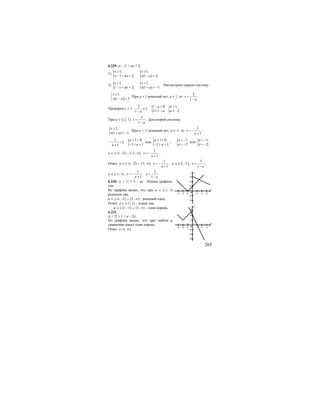 265
6.229. |x – 1| = ax + 2;
1) { {1, 1,
1 2; (1 ) 3;
x x
x ax x a
≥ ≥
− = + − =
2) { {1, 1,
1 2; (1 ) 1.
x x
x ax x a
< <
− = + + = −
Рассмотрим первую систему:
( )
1,
1 3.
x
x a
≥⎧
⎨ − =⎩
При а = 1 решений нет; а ≠ 1, то
3
.
1
x
a
=
−
Проверим х ≥ 1:
3
1;
1 a
≥
− {1 0,
3 1
a
a
− >
≥ − { 1,
2
a
a
<
≥ −
.
При а ∈ [-2; 1)
3
.
1
x
a
=
−
Для второй системы:
{ 1,
(1 ) 1.
x
x a
<
+ = −
При а = -1 решений нет; а ≠ -1, то
1
;
1
x
a
= −
+
1
1;
1a
− <
+ { 1 0,
1 1
a
a
+ >
− < +
или { 1 0,
1 1;
a
a
+ <
− > +
; { 1,
2
a
a
> −
> −
или { 1,
2;
a
a
< −
< −
а ∈ (-∞; -2) ∪ (-1; ∞),
1
.
1
x
a
= −
+
Ответ: а ∈ (-∞; -2) ∪ [1; ∞),
1
;
1
x
a
= −
+
а ∈ [-2; -1],
3
;
1
x
a
=
−
а ∈ (-1; 1),
1
,
1
x
a
= −
+
3
.
1
x
a
=
−
6.230. |x + 1| = 3 – ax. Решим графиче-
ски:
Из графика видно, что при а ∈ (-1; 1)
решения два;
а ∈ (-∞; -1] ∪ [1; ∞) – решений одно.
Ответ: а ∈ (-1; 1) – корня два,
а ∈ (-∞; -1] ∪ [1; ∞) – один корень.
6.231.
|x + 2| + 1 = a – 2x;
Из графика видно, что при любом а,
уравнение имеет один корень.
Ответ: (–∞; ∞).
1
2
3
1 2 30-1-2-3
-1
-2
y
x
1
2
3
1 2 30-1-2-3
-1
-2
-3
y
x
 