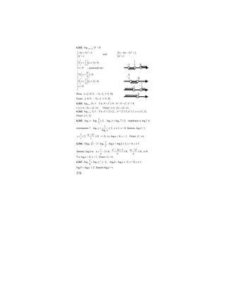 274
6.262. 2
6 5log 6 0;x
x x− − >
2
6 5 1;
6 1x
x x⎧− − >
⎨
>⎩
или
2
0 6 5 1,
6 1.x
x x⎧ < − − <
⎨
<⎩
( )
1
5 1 0,
5
0
x x
x
⎧ ⎛ ⎞
+ + <⎪ ⎜ ⎟
⎨ ⎝ ⎠
⎪ >⎩
( )
6
5 0,
5
1
5 1 0,
5
0.
x x
x x
x
⎧ ⎛ ⎞
+ <⎜ ⎟⎪
⎝ ⎠⎪
⎪ ⎛ ⎞
+ + >⎨ ⎜ ⎟
⎝ ⎠⎪
⎪ <
⎪
⎩
Итак, ( ) ( )6/5; 1 1/5; 0x∈ − − ∪ − .
Ответ: ( ) ( )6/5; 1 1/5; 0− − ∪ − .
6.263. 2
4log 8 1.x+ < Т.к. 4 + х2
≥ 4; 8 < 4 + x2
; x2
> 4;
х ∈ (-∞; -2) ∪ (2; ∞). Ответ: (-∞; -2) ∪ (2; ∞).
6.264. 2
2log 3 1.x + ≥ Т.к. х2
+ 2 ≥ 2,; х2
+ 2 ≤ 3; х2
≤ 1; х ∈ [-1; 1].
Ответ: [-1; 1].
6.265. 7
1
log log 2;
7
xx − ≥ 7log log 7 2;xx + ≥ перейдем в logx7 к
основанию 7. 7
7
1
log 2,
log
x
x
+ ≥ х ≠ 1, х > 0. Замена: log7x = t.
2
1 ( 1)
2; 0;
t
t
t t
−
+ ≥ ≥ t > 0, т.е. log7x > 0; x > 1. Ответ: (1; ∞).
6.266. 2
1
2log 2 log ;
2
xx − > log2x + logx2 ≥ 2, x > 0, x ≠ 1.
Замена: log2x=u.
2 2
1 2 1 ( 1)
2 0; 0; 0;
u u u
u
u u u
− + −
+ − ≥ ≥ ≥ u>0.
Т.е. log2x > 0; x > 1. Ответ: (1; ∞).
6.267. 1
4
1
log log 2;
4
x x−
+ ≤ − -logx4 – log4x ≥ -2; x > 0, x ≠ 1;
logx4 + log4x ≥ 2. Замена log4x = t.
- решений нет.
1
5 0-1
6
5
−
0
-1
0
1
5
−
 