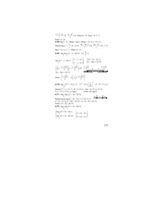 275
2 2
1 2 ( 1)
0; 0.
t t t
t t
+ − −
≥ ≥ Откуда t > 0. log4x > 0; x > 1.
Ответ: (1; ∞).
6.268. logx3 – 4 ≥ -4log3x; logx3 + 4log3x – 4 ≥ 0; x > 0, x ≠ 1.
Замена log3x = t.
2 2
1 4 4 1 (2 1)
4 4 0; 0; 0;
t t t
t
t t t
− + −
+ − ≥ ≥ ≥ t > 0.
log3x > 0, т.е. х > 1. Ответ: (1; ∞).
6.269. ( )2
8 1
3 2
log log 6 0.x x− − ≥ Т.к.
8
1,
3
>
( ) ( )( )
22
2
1
22
1
2 2 12 1,6 ,
log 6 1; 2 3 2 0;
6 0;
x xx x
x x
x x
x x
⎧ ⎧ − − ≤− − ≤⎪
− − ≥ ⎨ ⎨ − + >⎩⎪ − − >⎩
( )( )
1 3 3 1 3 3
2 0,
2 2
3 2 0.
x x
x x
⎧ ⎛ ⎞⎛ ⎞+ −
− − ≤⎪ ⎜ ⎟⎜ ⎟⎜ ⎟⎜ ⎟⎨ ⎝ ⎠⎝ ⎠
⎪ − + >⎩
Ответ:
1 3 3 1 3 3
; 2 3;
2 2
⎡ ⎞ ⎛ ⎤− +
− ∪⎟ ⎜⎢ ⎥⎟ ⎜⎢ ⎥⎣ ⎠ ⎝ ⎦
.
6.270. ( )2
1
3
log 2 4 2.x x+
− ≤ −
2
2 1
2 4 ;
3
x x
−
+ ⎛ ⎞
− ≥ ⎜ ⎟
⎝ ⎠
4х
– 2х+2
+ 3 ≤ 0.
Замена 2х
= t, t > 0. t2
– 4t + 3 ≤ 0; (t – 3)(t – 1) ≤ 0; t ∈ [1; 3].
Т.е. 1 ≤ 2х
≤ 3; 0 ≤ х ≤ log23. Ответ: [0; log23].
6.271. ( )2
27 5
41
log log 2 3 0.x x− − ≤
Равносильно log5(х2
– 2х – 3) ≥ 1; х2
–2х–3 ≥ 5;
х2
– 2х – 8 ≥ 0; (х + 2)(х – 4) ≥ 0. x ∈ (-∞; -2] ∪ [4; ∞).
Ответ: (-∞; -2] ∪ [4; ∞).
6.272. ( )2
12 1
11 2
log log 3 4 0;x x+ − ≤
( )
( )
2
1 2
2
2
21
2
log 3 4 1, 1
3 4 ,
2
log 3 4 0; 3 4 1;
x x
x x
x x x x
⎧ + − ≤ ⎧⎪ + − ≥⎪
⎨ ⎨
+ − >⎪ ⎪ + − <⎩⎩
-2 3
1 3 3
2
+1 3 3
2
−
--2 +4+
 
