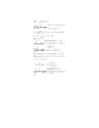 278
6.281.
2
3
,
2 1
y
x x
= −
− −
[2; 3].
D(y): 2х2
–х–1>0; ( )
1
2 1 0;
2
x x
⎛ ⎞
− + >⎜ ⎟
⎝ ⎠
( ) ( )
1
; - 1;
2
D y
⎛ ⎞
= −∞ ∪ ∞⎜ ⎟
⎝ ⎠
.
( )
( )
2 3
3 4 1
' ;
2( 2 1)
x
y x
x x
−
=
− −
y’=0 при
1
.
4
x = на [2; 3] у(х) возрастает.
унаиб. = у(3) =
3
;
14
− унаим. = у(2) =
3
.
5
−
6.282. 2
4 3.y x x= − −
Область определения: 4х2
– х – 3 ≥ 0;
( )
3
4 1 0;
4
x x
⎛ ⎞
− + ≥⎜ ⎟
⎝ ⎠
( ) [ )
3
; 1; .
4
D y
⎛ ⎤
= −∞ − ∪ ∞⎜ ⎥
⎝ ⎦
2
8 1
' ;
2 4 3
x
y
x x
−
=
− −
y’(x) = 0 при ( )
1 1
8 8
x D y
⎛ ⎞
= ∉⎜ ⎟
⎝ ⎠
.
Ответ: возрастает при х ∈ [1; ∞); убывает при х ∈
3
;
4
⎛ ⎤
−∞ −⎜ ⎥
⎝ ⎦
.
6.283. y=log2(2x2
–3x–2); D(y): 2x2
– 3x – 2 > 0; ( 2)( 1/ 2) 0;x x− + >
( ) ( )
1
; 2;
2
D y
⎛ ⎞
= −∞ − ∪ ∞⎜ ⎟
⎝ ⎠
.
( ) ( )
2
3
4
4 3 4
' ; ' ;
12 3 2 ln2
2 2 ln 2
2
x
x
y y
x x
x x
⎛ ⎞
−⎜ ⎟− ⎝ ⎠= =
⎛ ⎞− −
− +⎜ ⎟
⎝ ⎠
у(х) возрастает на (2; ∞);
у(х) убывает на ( ); (1/2−∞ − .
Ответ: возрастает на (2; ∞); убывает на
( ); (1/2)−∞ − .
1
2
−
- +
y ,(x)
y(x)
1
1
4
3
4
−
+ - +1
3
4
−
- +
y ,(x)
y(x)
1
3
4 -+ +2
1
2
−
-
 