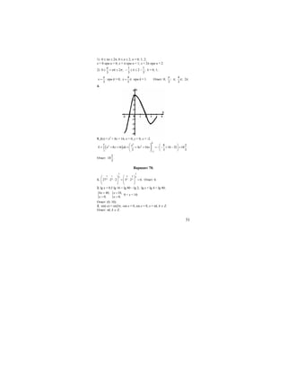 51
1) 0 ≤ πn ≤ 2π; 0 ≤ n ≤ 2; n = 0; 1; 2;
x = 0 при n = 0; x = π при n = 1; x = 2π при n = 2.
2)
1 1
0 2 ; 2 ;
3 3 3
k k
π
π π≤ + ≤ − ≤ ≤ − k = 0; 1;
3
x
π
= при k = 0;
4
3
x π= при k = 1. Ответ: 0; ;
3
π
π;
4
;
3
π 2π.
4.
5. f(x) = x2
+ 8x + 16, x = 0, y = 0, x = -2.
( )
0
30
2 2
2 2
8 2
8 16 4 16 16 32 18 .
3 3 3
x
S x x dx x x
− −
⎛ ⎞ ⎛ ⎞
= + + = + + = − − + − =⎜ ⎟ ⎜ ⎟
⎝ ⎠⎝ ⎠
∫
Ответ:
2
18 .
3
Вариант 70.
1.
5 5
2 1 6 66 6
5 5 5 527 2 2 3 2 6.
⎛ ⎞ ⎛ ⎞
⋅ ⋅ = ⋅ =⎜ ⎟ ⎜ ⎟⎜ ⎟ ⎜ ⎟
⎝ ⎠ ⎝ ⎠
Ответ: 6.
2. lg x + 0,5 lg 16 < lg 80 – lg 2; lg x + lg 4 < lg 40;
{4 40,
0;
x
x
<
> { 10,
0;
x
x
<
>
0 < x < 10.
Ответ: (0; 10).
3. sin(-x) = sin2π; -sin x = 0, sin x = 0, x = πk, k ∈ Z.
Ответ: πk, k ∈ Z.
 