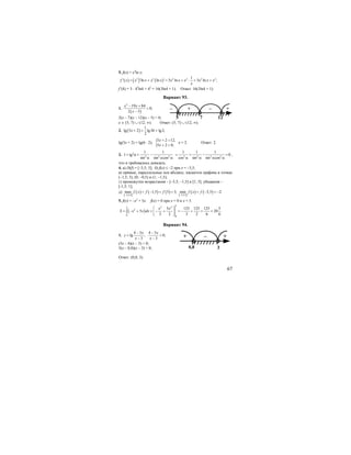 67
5. f(x) = x3
ln x;
( ) ( ) ( )3 3 2 3 2 21
' 'ln ln ' 3 ln 3 ln ;f x x x x x x x x x x x
x
= + = + ⋅ = +
f’(4) = 3 ⋅ 42
ln4 + 42
= 16(3ln4 + 1). Ответ: 16(3ln4 + 1).
Вариант 93.
1.
( )
2
19 84
0;
2 5
x x
x
− +
>
−
2(х – 7)(х – 12)(х – 5) > 0;
х ∈ (5; 7) ∪ (12; ∞). Ответ: (5; 7) ∪ (12; ∞).
2. ( )
1
lg 5 2 lg36 lg2;
2
x + = +
lg(5x + 2) = lg(6 ⋅ 2); {5 2 12,
5 2 0;
x
x
+ =
+ >
х = 2. Ответ: 2.
3. 2
2 2 2
1 1
1 tg
sin sin cos
+ α + −
α α α 2 2 2 2
1 1 1
0
cos sin sin cos
= + − =
α α α α
,
что и требовалось доказать.
4. а) D(f) = [–3,5; 5]; б) f(x) ≤ –2 при х = –3,5;
в) прямые, параллельные оси абсцисс, касаются графика в точках
(–1,5; 3), (0; –0,5) и (1; –1,5);
г) промежутки возрастания – [–3,5; –1,5] и [1; 5], убывания –
[-1,5; 1];
д)
[ ]
( ) ( ) ( ) [ ]
( ) ( )3,5;53,5;5
max 1,5 5 3; min 3,5 2.f x f f f x f
−−
= − = = = − = −
5. f(x) = –x2
+ 5x. f(x) = 0 при х = 0 и х = 5.
( )
5
3 25
2
0 0
5 125 125 125 5
5 20 .
3 2 3 2 6 6
x x
S x x dx
⎛ ⎞
= − + = − + = − + = =⎜ ⎟
⎝ ⎠
∫
Вариант 94.
1.
4 5
lg ;
3
x
y
x
−
=
−
4 5
0;
3
x
x
−
>
−
(5х – 4)(х – 3) < 0;
5(х – 0,8)(х – 3) < 0;
Ответ: (0,8; 3).
– + – +
7 125
+ – +
0,8 3
 