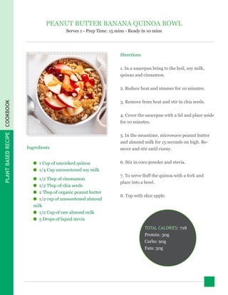 PLANTBASEDRECIPECOOKBOOK
PEANUT BUTTER BANANA QUINOA BOWL
Serves 1 - Prep Time: 15 mins - Ready in 10 mins
TOTAL CALORIES: 718
Protein: 30g
Carbs: 90g
Fats: 30g
Directions
1. In a saucepan bring to the boil, soy milk,
quinao and cinnamon.
2. Reduce heat and simmer for 10 minutes.
3. Remove from heat and stir in chia seeds.
4. Cover the saucepan with a lid and place aside
for 10 minutes.
5. In the meantime, microwave peanut butter
and almond milk for 15 seconds on high. Re-
move and stir until runny.
6. Stir in coco powder and stevia.
7. To serve fluff the quinoa with a fork and
place into a bowl.
8. Top with slice apple.
Ingredients
●● 1 Cup of uncooked quinoa
●● 1/4 Cup unsweetened soy milk
●● 1/2 Tbsp of cimmamon
●● 1/2 Tbsp of chia seeds
●● 2 Tbsp of organic peanut butter
●● 1/2 cup of unsweetened almond
milk
●● 1/2 Cup of raw almond milk
●● 5 Drops of liquid stevia
 