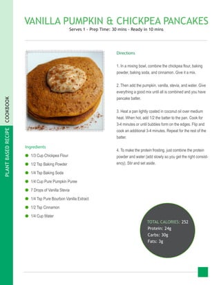 PLANTBASEDRECIPECOOKBOOK
VANILLA PUMPKIN & CHICKPEA PANCAKES
Serves 1 - Prep Time: 30 mins - Ready in 10 mins
Ingredients
●● 1/3 Cup Chickpea Flour
●● 1/2 Tsp Baking Powder
●● 1/4 Tsp Baking Soda
●● 1/4 Cup Pure Pumpkin Puree
●● 7 Drops of Vanilla Stevia
●● 1/4 Tsp Pure Bourbon Vanilla Extract
●● 1/2 Tsp Cinnamon
●● 1/4 Cup Water
TOTAL CALORIES: 252
Protein: 24g
Carbs: 30g
Fats: 3g
Directions
1. In a mixing bowl, combine the chickpea flour, baking
powder, baking soda, and cinnamon. Give it a mix.
2. Then add the pumpkin, vanilla, stevia, and water. Give
everything a good mix until all is combined and you have
pancake batter.
3. Heat a pan lightly coated in coconut oil over medium
heat. When hot, add 1/2 the batter to the pan. Cook for
3-4 minutes or until bubbles form on the edges. Flip and
cook an additional 3-4 minutes. Repeat for the rest of the
batter.
4. To make the protein frosting, just combine the protein
powder and water (add slowly so you get the right consist-
ency). Stir and set aside.
 