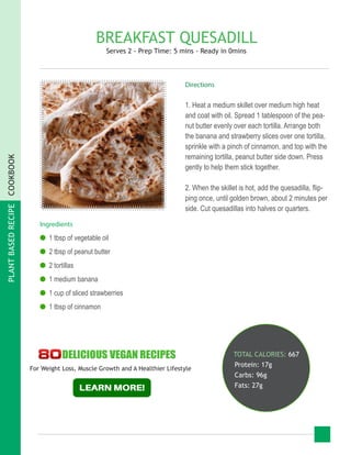 PLANTBASEDRECIPECOOKBOOK
BREAKFAST QUESADILL
Serves 2 - Prep Time: 5 mins - Ready in 0mins
Ingredients
●● 1 tbsp of vegetable oil
●● 2 tbsp of peanut butter
●● 2 tortillas
●● 1 medium banana
●● 1 cup of sliced strawberries
●● 1 tbsp of cinnamon
TOTAL CALORIES: 667
Protein: 17g
Carbs: 96g
Fats: 27g
Directions
1. Heat a medium skillet over medium high heat
and coat with oil. Spread 1 tablespoon of the pea-
nut butter evenly over each tortilla. Arrange both
the banana and strawberry slices over one tortilla,
sprinkle with a pinch of cinnamon, and top with the
remaining tortilla, peanut butter side down. Press
gently to help them stick together.
2. When the skillet is hot, add the quesadilla, flip-
ping once, until golden brown, about 2 minutes per
side. Cut quesadillas into halves or quarters.
For Weight Loss, Muscle Growth and A Healthier Lifestyle
 