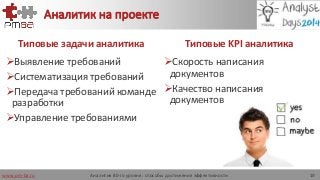 www.pm-ba.ru
Скорость написания
документов
Качество написания
документов
Выявление требований
Систематизация требований
Передача требований команде
разработки
Управление требованиями
Аналитик на проекте
Типовые задачи аналитика Типовые KPI аналитика
Аналитик 80-го уровня: способы достижения эффективности 19
 