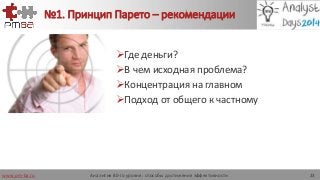www.pm-ba.ru
№1. Принцип Парето – рекомендации
Где деньги?
В чем исходная проблема?
Концентрация на главном
Подход от общего к частному
Аналитик 80-го уровня: способы достижения эффективности 23
 