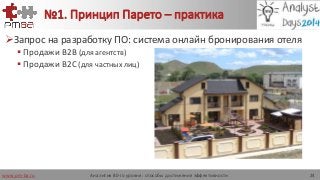 www.pm-ba.ru
№1. Принцип Парето – практика
Запрос на разработку ПО: система онлайн бронирования отеля
 Продажи B2B (для агентств)
 Продажи B2C (для частных лиц)
Аналитик 80-го уровня: способы достижения эффективности 24
 
