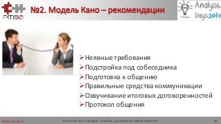 www.pm-ba.ru
№2. Модель Кано – рекомендации
Неявные требования
Подстройка под собеседника
Подготовка к общению
Правильные средства коммуникации
Озвучивание итоговых договоренностей
Протокол общения
Аналитик 80-го уровня: способы достижения эффективности 26
 