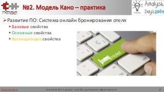 www.pm-ba.ru
№2. Модель Кано – практика
Аналитик 80-го уровня: способы достижения эффективности 27
Развитие ПО: Система онлайн бронирования отеля
 Базовые свойства
 Основные свойства
 Восхищающие свойства
 