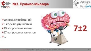 www.pm-ba.ru
№3. Правило Миллера
20 новых требований
5 идей по улучшению
49 вопросов от коллег
17 вопросов от клиентов
…
7±2
Аналитик 80-го уровня: способы достижения эффективности 28
 