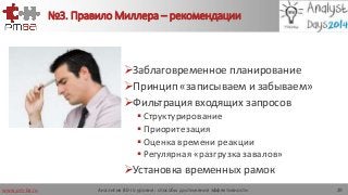 www.pm-ba.ru
№3. Правило Миллера – рекомендации
Заблаговременное планирование
Принцип «записываем и забываем»
Фильтрация входящих запросов
 Структурирование
 Приоритезация
 Оценка времени реакции
 Регулярная «разгрузка завалов»
Установка временных рамок
Аналитик 80-го уровня: способы достижения эффективности 29
 