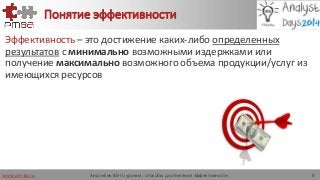 www.pm-ba.ru
Понятие эффективности
Эффективность – это достижение каких-либо определенных
результатов с минимально возможными издержками или
получение максимально возможного объема продукции/услуг из
имеющихся ресурсов
Аналитик 80-го уровня: способы достижения эффективности 9
 