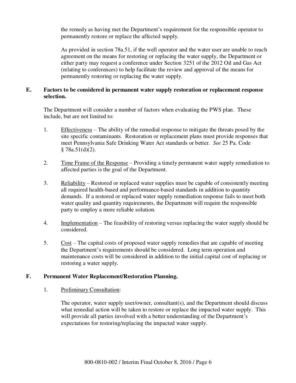 PA DEP Policy for the Replacement or Restoration of Private Water Sup…