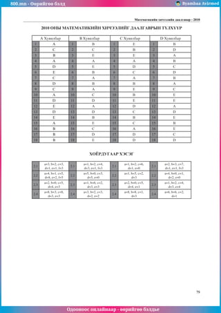 800.mn - Өөрийгөө бэлд Byambaa Avirmed
Одооноос онлайнаар - өөрийгөө бэлдье
Математикийн хичээлийн даалгавар - 2010
79
2010 ОНЫ МАТЕМАТИКИЙН ХИЧЭЭЛИЙГ ДААЛГАВРЫН ТҮЛХҮҮР
A Хувилбар B Хувилбар C Хувилбар D Хувилбар
1 A 1 B 1 E 1 B
2 C 2 C 2 B 2 D
3 B 3 E 3 E 3 A
4 A 4 A 4 A 4 B
5 D 5 E 5 D 5 C
6 E 6 B 6 C 6 D
7 C 7 A 7 A 7 B
8 D 8 B 8 B 8 A
9 C 9 A 9 E 9 C
10 A 10 C 10 B 10 E
11 D 11 D 11 E 11 E
12 E 12 A 12 D 12 A
13 D 13 D 13 C 13 D
14 E 14 B 14 B 14 E
15 A 15 E 15 C 15 B
16 B 16 C 16 A 16 E
17 B 17 D 17 D 17 C
18 B 18 E 18 D 18 D
ÕÎ¨ÐÄÓÃÀÀÐ ХЭСЭГ
2.1
a=3, b=2, c=3,
d=1, e=1, f=3
2.1
a=1, b=2, c=4,
d=3, e=1, f=3
2.1
a=1, b=2, c=6,
d=1, e=0
2.1
a=2, b=3, c=7,
d=1, e=1, f=3
2.2
a=4, b=1, c=5,
d=8, e=2, f=5
2.2
a=5, b=0, c=3,
d=5, e=0
2.2
a=1, b=5, c=2,
d=3
2.2
a=4, b=0, c=1,
d=2, e=0
2.3
a=2, b=0, c=5,
d=4, e=3
2.3
a=1, b=6, c=2,
d=3, e=3
2.3
a=2, b=0, c=5,
d=4, e=1
2.3
a=1, b=2, c=4,
d=3, e=4
2.4
a=8, b=3, c=8,
d=3, e=3
2.4
a=3, b=2, c=3,
d=2, e=2
2.4
a=8, b=8, c=1,
d=3
2.4
a=6, b=6, c=2,
d=1
 