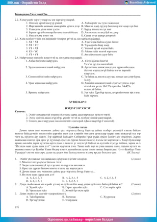 800.mn - Өөрийгөө бэлд Byambaa Avirmed
Одооноос онлайнаар - өөрийгөө бэлдье
126
Боловсролын Үнэлгээний Төв
2.2. Хэлцүүдийг эсрэг утгаар нь зөв харгалзуулаарай.
1. Шоодох хүний шазуур үмхий			 A. Хийморийг нь тугал зажилсан
2. Маргаашийн өөхнөөс өнөөдрийн уушги дээр	 B. Мянган өдөр сүүдэр болохоор нэг өдөр хүн бол
3. Ухаанд нь ухна ишиг үхсэн			 C. Буруу ишилсэн сүх шиг
4. Барын сүүл болохоор батганы толгой болох	 D. Амласнаас атганд буй нь дээр
5. Ямаа гэхээр тэмээ гэх 			 E. Санаа муут шавар дотортой
2.3. Хэлц холбоо үгийн хэв шинжийг тохирох үгтэй нь зөв харгалзуулаарай.
1. ХЗ + ХЗ					 A. Хэвлэгдэж байгаа сурах бичиг
2. ХЗ + ҮС					 B. Тэр өдрийн баяр хөөр
3. УЗ + ХЗ					 C. Үнэний тухай мэдэж байх
4. БЗ + ҮС					 D. Айлын зайд толгой хоргодох
5. УЗ + УЗ					 E. Аяга ёроолдон сууж байх
2.4. Найруулгын төрлийг жишээтэй нь зөв харгалзуулаарай.
1.	Албан бичгийн найруулга			 A. Үлгэн салган биетэй
						 Үнэгэн сүүлэн малгайтай
2.	Эрдэм шинжилгээний найруулга		 B. Аргентины шинжээчид үлэг гүрвэлийн одоо 		
					 болтол мэдэгдээгүй байгаа нэгэн төрлийг
							 илрүүлэв.
3.	Сонин нийтлэлийн найруулга			 C. Та байна аа, нисэхэд суугаад номын сан дээр бууна.
						 За юу.
4.	Уран зохиолын найруулга			 D. Химийн шинжилгээний дүнгээс үзэхэд, дэрс 		
					 толгойлох үедээ 10-13% протейн, 34-45% 		
						 ислэгтэй байна.
5.	Ярианы найруулга				E. 5-р зүйл. Хүн бүр хууль, шүүхийн өмнө эрх тэгш
						 байх зарчим.
ХУВИЛБАР D
НЭГДҮГЭЭР ХЭСЭГ
Санамж:
1. Эхийг анхааралтай уншиж ойлгосны дараа даалгавруудыг гүйцэтгээрэй.
2. Эхээс сонгож авсан өгүүлбэр, үгсийг эхтэй нь холбон уншиж ажиглаарай.
3. Сонгох даалгавруудын зөвхөн нэгийг сонгоорой. (Даалгавар бүр 2 оноотой)
Нутгийн тэнхээ
Дөчин таван оны чөлөөлөх дайны үед тэсрэлтэд битүү бэртээд дайны талбарт ухаангүй хэвтэж байсан
монгол байлдагчийг зөвлөлтийн цэргийн анги олж хээрийн эмнэлэгт сувилсаар засрал олж амжаагүй тул тэр
чигт нь нүүлгэн авч явжээ. Тэр шархтай байлдагч Сибирийн гүнд ухаан орсон боловч хэл орсонгүй. Харин
аажимдаа сонсгол орж орос үг дуулсаар орос хэл сурсан боловч монгол хэл нь таг мартагджээ. Төөрч будилсаар
арваад жилийн дараа нутагтаа ирээд ганц ч монгол үг мэдэхгүй байхад нь нутгийн хүмүүс гайхаж, зарим нь ч
“Ихээхэн маяг сураа шив дээ!” хэмээн муучилж гэнэ. Танил найз нар нь унаа машин олоод төрсөн нутагт нь
аваачвал мань хүн Бумбат Улаан Өндөр хэмээх нутгийнхаа уулыг гэнэт таниад баярлахдаа: -Ээ ээ Бумбуут Улан
Уундуур! хэмээн хашхирч, далан зад үсрэх мэт болоод монгол хэлээр ярьдаг болсон гэдэг. (Ж.Лхагва)
1.	 Эхийн үйл явдлыг зөв дараалалд оруулсан хэсгийг олоорой. 					 (2 оноо)
1. Монгол хэлээр ярьдаг болсон гэдэг
2. Засрал олж амжаагүй тул тэр чигт нь нүүлгэн авч явжээ
3. Орос хэл сурсан боловч монгол хэл нь таг мартагджээ
4. Дөчин таван оны чөлөөлөх дайны үед тэсрэлтэд битүү бэртээд ...
5. Ихээхэн маяг сураа шив дээ!
A. 4, 2, 5, 3, 1			 B. 4, 2, 3, 1, 5			 C. 4, 2, 5, 1, 3
D. 4, 2, 3, 5, 1			 E. 4, 3, 2, 5, 1
2.	 Дээрх эхийн жинхэнэ нэрийг утгаар нь зүйлчилбэл ямар утгын зүйлчлэл байхгүй байна вэ? 	 (2 оноо)
A. Хүний зүйл			 B. Гариг эрхсийн зүйл		 C. Сэтгэхүйн зүйл
D. Ургамлын зүйл		 E. Хүний бүтээсэн зүйл
3.	 Дээрх эхийн хэв маягийг тодорхойлно уу. 							 (2 оноо)
A. Тайлбарламж		 B. Тоочимж			 C. Хүүрнэмж
D. Эргэцүүлэмж		 E. Учирламж
 