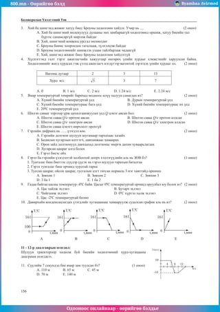 800.mn - Өөрийгөө бэлд Byambaa Avirmed
Одооноос онлайнаар - өөрийгөө бэлдье
156
156
Боловсролын Үнэлгээний Төв
3.	 Хий ба шингэнд жижиг хатуу биес Броуны хөдөлгөөн хийдэг. Учир нь ....			 (2 оноо)
A. Хий ба шингэний молекулууд дулааны эмх замбараагүй хөдөлгөөнд оршиж, хатуу биеийн тал
бүрээс санамсаргүй мөргөж байдаг
B. Хий, шингэний конвекц урсгал нөлөөлдөг
C. Броуны бөөмс хоорондоо таталцаж, түлхэлцэж байдаг
D. Броуны хөдөлгөөнийг шинжлэх ухаан тайлбарлаж чадаагүй
E. Хий, шингэнд жижиг биес Броуны хөдөлгөөн хийдэггүй
4.	 Хүснэгтэнд галт тэрэг ажиглагчийн хажуугаар өнгөрөх үеийн хурдыг хэмжсэнийг харуулсан байна.
Хөдөлгөөнийг жигд хурдсах гэж үзээд ажиглагч нэгдүгээр вагонтой зэрэгцэх үеийн хурдыг ол.	 (2 оноо)
Вагоны дугаар 2 3 13
Хурд м/с 3 7
A. 0	 B. 1 м/с	 C. 2 м/с		 D. 1.24 м/с		 E. 2.24 м/с
5.	 Ямар температуртай төмрийг барихад модноос илүү халуун санагдах вэ?			 (2 оноо)
А. Хүний биеийн температуртай үед 			В. Дурын температуртай үед	
С. Хүний биеийн температураас бага үед		 D. Хүний биеийн температураас их үед
E. 200
С температуртай үед
6.	 Шилэн савааг торгоор үрж цахилгаанжуулах үед Q цэнэг авсан бол:				 (2 оноо)
A. Шилэн саваа Q/e протон авсан			 B. Шилэн саваа Q/e протон алдсан
C. Шилэн саваа Q/e электрон авсан			 D. Шилэн саваа Q/e электрон алдсан
E. Шилэн саваа цэнэгт өөрчлөлт орохгүй
7.	 Гэрлийн дифракц нь ...... үзэгдэл юм.								 (2 оноо)
А. Гэрлийн долгион шулуун шугамаар тархахаас хазайх
В. Бодисын хугарлын илтгэгч, давтамжаас хамаарах
С. Орон зайд долгионууд давхцахад долгионы энерги дахин хуваарьлагдах
D. Хугарсан цацраг алга болох	
E. Гэрэл биеэс ойх
8.	 Гэрэл ба гэрлийн үзэгдэлтэй холбоотой доорх хэллэгүүдийн аль нь ЗӨВ бэ?			 (1 оноо)
1. Тунгалаг биш биетээс сүүдэр үүсэх нь гэрэл шулуун тарахын баталгаа
2. Гэрэл тунгалаг биш орчинд хурдтай тарна
3. Туссан цацраг, ойсон цацраг, тусгалын цэгт татсан нормаль 3 нэг хавтгайд оршино
А. Зөвхөн 1			В. Зөвхөн 2			 С. Зөвхөн 3		
D. 3 ба 1			 E. 1 ба 2
9.	 Гадаа байгаа цасны температур -40
С байв. Цасыг 00
С температуртай орчинд оруулбал юу болох вэ? (2 оноо)
А. Цас хайлж эхлэнэ				В. Бутарч эхлэнэ
С. Чийгшиж эхлэнэ				 D. 00
С хүртэл халж эхлэнэ
E. Цас -20
С температуртай болно
10.	 Давирхайн êîíäåíñàцëаãäàõ үзэгдлийг хугацаанаас хамааруулж судалсан график аль нь вэ?	 (2 оноо)
T,0
C
t,мин
0
161
T,0
C
t,мин
0
161
T,0
C
t,мин
0
161
100
T,0
C
t,мин
0
161
T,0
C
t,мин
0
161
A	 B		 C			 D		 E
11 - 12-р даалгаврын өгөгдөл: 						
t(c)
U(м/с)
10
-10
8
4 12
Шулуун траектороор хөдөлж буй биеийн хөдөлгөөний хурд-хугацааны
диаграмм өгөгджээ.
11.	 Сүүлийн 7 секундэд бие ямар зам туулсан бэ?			 (1 оноо)
А. 110 м	В. 65 м 	 С. 45 м	
D. 70 м	 E. 140 м
 
