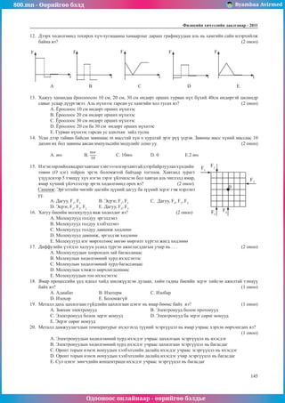 800.mn - Өөрийгөө бэлд Byambaa Avirmed
Одооноос онлайнаар - өөрийгөө бэлдье
Физикийн хичээлийн äààëãàâàð - 2011
145
145
12.	 Дээрх хөдөлгөөнд тохирох хүч-хугацааны хамаарлыг дараах графикуудын аль нь хамгийн сайн илэрхийлж
байна вэ?											 (2 оноо)
	
F F F F F
t t t t t
А	 В			 С			 D			 E.
13.	 Хажуу ханандаа ёроолоосоо 10 см, 20 см, 30 см өндөрт орших гурван нүх бүхий 40см өндөртэй цилиндр
савыг усаар дүүргэжээ. Аль нүхнээс гарсан ус хамгийн хол тусах вэ?				 (2 оноо)
А. Ёроолоос 10 см өндөрт орших нүхнээс		
B. Ёроолоос 20 см өндөрт орших нүхнээс
C. Ёроолоос 30 см өндөрт орших нүхнээс	
D. Ёроолоос 20 см ба 30 см өндөрт орших нүхнээс
E. Гурван нүхнээс гарсан ус адилхан зайд тусна
14.	 Усан дээр тайван байсан завинаас m масстай хүн υ хурдтай эрэг рүү үсрэв. Завины масс хүний массаас 10
дахин их бол завины авсан импульсийн модулийг олно уу.					 (2 оноо)
А. mυ	 B. 		 C. 10mυ		 D. 0	 	 E.2 mυ
15.	 Нэгэнтөрлийнквадратхавтангхэвтээгөлгөрхавтгайдээрбайрлууланхүндийн
0
F2
F4
F3
F5
F1
төвөө (О цэг) тойрон эргэх боломжтой байхаар тогтоов. Хавтанд зурагт
үзүүлснээр 5 тэнцүү хүч нэгэн зэрэг үйлчилсэн бол хавтан аль чиглэлд ямар,
ямар хүчний үйлчлэлээр эргэх хөдөлгөөнд орох вэ?		 (2 оноо)
Санамж: Эргэлтийн чигийг цагийн зүүний дагуу ба зүүний эсрэг гэж нэрлэнэ
үү.
А. Дагуу, F1
, F5
		 B. Эсрэг, F1
, F5
		 C. Дагуу, F4
, F3
, F2
D. Эсрэг, F1
, F3
, F2
	 E. Дагуу, F2
, F3
	
16.	 Хатуу биеийн молекулууд яаж хөдөлдөг вэ?			 (2 оноо)
A. Молекулууд голдуу эргэлдэнэ		
B. Молекулууд голдуу хэлбэлзэнэ
C. Молекулууд голдуу давшиж хөдлөнө		
D. Молекулууд давшиж, эргэлдэж хөдлөнө
E. Молекулууд нэг мөргөлтөөс нөгөө мөргөлт хүртэл жигд хөдлөнө
17.	 Диффузийн үзэгдэл халуун усанд түргэн ажиглагддагын учир нь . . .				 (2 оноо)
А. Молекулуудын хоорондох зай багассанаас
В. Молекулын хөдөлгөөний хурд ихэссэнээс
С. Молекулын хөдөлгөөний хурд багассанаас
D. Молекулын хэмжээ өөрчлөгдсөнөөс
E. Молекулуудын тоо ихэссэнээс
18.	 Ямар процессийн үед идеал хийд шилжүүлсэн дулаан, хийн гадны биеийн эсрэг хийсэн ажилтай тэнцүү
байх вэ?											 (1 оноо)
А. Адиабат		 B. Изотерм 		 С. Изобар 		
D. Изохор		 E. Боломжгүй
19.	 Металл дахь цахилгаан гүйдлийн цахилгаан цэнэг нь ямар бөөмс байх вэ?			 (1 оноо)
А. Зөвхөн электронууд				 B. Электронууд болон протонууд
C. Электронууд болон эерэг ионууд 		 D. Электронууд ба эерэг сөрөг ионууд
E. Эерэг сөрөг ионууд
20.	 Металл дамжуулагчдын температурыг ихэсгэхэд түүний эсэргүүцэл нь ямар учраас хэрхэн өөрчлөгдөх вэ?	
													 (1 оноо)
А. Электронуудын хөдөлгөөний хурд ихэсдэг учраас цахилгаан эсэргүүцэл нь ихэсдэг
B. Электронуудын хөдөлгөөний хурд ихэсдэг учраас цахилгаан эсэргүүцэл нь багасдаг
C. Оронт торын нэмэх ионуудын хэлбэлзлийн далайц ихэсдэг учраас эсэргүүцэл нь ихэсдэг
D. Оронт торын нэмэх ионуудын хэлбэлзлийн далайц ихэсдэг учир эсэргүүцэл нь багасдаг
E. Сул цэнэг зөөгчдийн концентраци ихэсдэг учраас эсэргүүцэл нь багасдаг
 