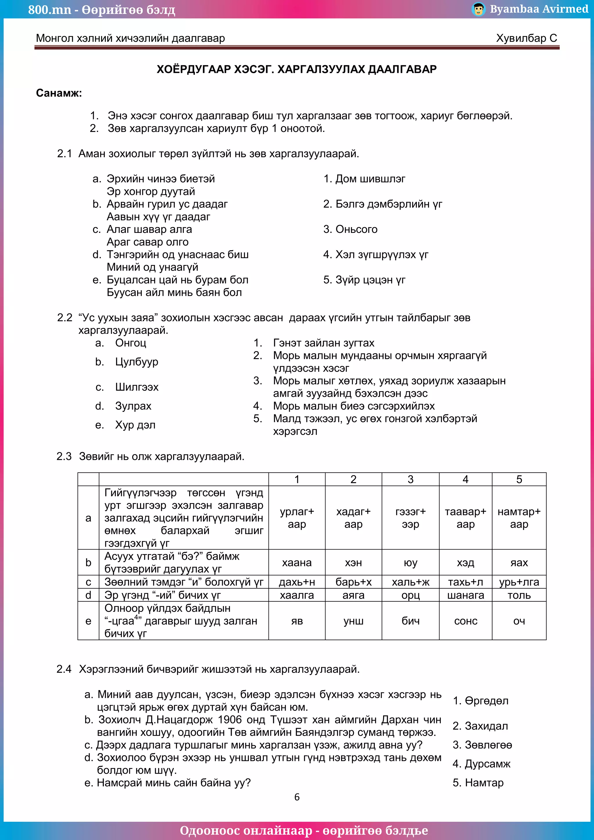 800.mn - Өөрийгөө бэлд Byambaa Avirmed
Одооноос онлайнаар - өөрийгөө бэлдье
Монгол хэлний хичээлийн даалгавар Хувилбар C
6
ХОЁРДУГААР ХЭСЭГ. ХАРГАЛЗУУЛАХ ДААЛГАВАР
Санамж:
1. Энэ хэсэг сонгох даалгавар биш тул харгалзааг зөв тогтоож, хариуг бөглөөрэй.
2. Зөв харгалзуулсан хариулт бүр 1 оноотой.
2.1 Аман зохиолыг төрөл зүйлтэй нь зөв харгалзуулаарай.
a. Эрхийн чинээ биетэй 1. Дом шившлэг
Эр хонгор дуутай
b. Арвайн гурил ус даадаг 2. Бэлгэ дэмбэрлийн үг
Аавын хүү үг даадаг
c. Алаг шавар алга 3. Оньсого
Араг савар олго
d. Тэнгэрийн од унаснаас биш 4. Хэл зүгшрүүлэх үг
Миний од унаагүй
e. Буцалсан цай нь бурам бол 5. Зүйр цэцэн үг
Буусан айл минь баян бол
2.2 “Ус уухын заяа” зохиолын хэсгээс авсан дараах үгсийн утгын тайлбарыг зөв
харгалзуулаарай.
a. Онгоц 1. Гэнэт зайлан зугтах
b. Цулбуур
2. Морь малын мундааны орчмын хяргаагүй
үлдээсэн хэсэг
c. Шилгээх
3. Морь малыг хөтлөх, уяхад зориулж хазаарын
амгай зуузайнд бэхэлсэн дээс
d. Зулрах 4. Морь малын биеэ сэгсэрхийлэх
e. Хур дэл
5. Малд тэжээл, ус өгөх гонзгой хэлбэртэй
хэрэгсэл
2.3 Зөвийг нь олж харгалзуулаарай.
1 2 3 4 5
a
Гийгүүлэгчээр төгссөн үгэнд
урт эгшгээр эхэлсэн залгавар
залгахад эцсийн гийгүүлэгчийн
өмнөх балархай эгшиг
гээгдэхгүй үг
урлаг+
аар
хадаг+
аар
гэзэг+
ээр
таавар+
аар
намтар+
аар
b
Асуух утгатай “бэ?” баймж
бүтээврийг дагуулах үг
хаана хэн юу хэд яах
c Зөөлний тэмдэг “и” болохгүй үг дахь+н барь+х халь+ж тахь+л урь+лга
d Эр үгэнд “-ий” бичих үг хаалга аяга орц шанага толь
e
Олноор үйлдэх байдлын
“-цгаа4
” дагаврыг шууд залган
бичих үг
яв унш бич сонс оч
2.4 Хэрэглээний бичвэрийг жишээтэй нь харгалзуулаарай.
a. Миний аав дуулсан, үзсэн, биеэр эдэлсэн бүхнээ хэсэг хэсгээр нь
цэгцтэй ярьж өгөх дуртай хүн байсан юм.
1. Өргөдөл
b. Зохиолч Д.Нацагдорж 1906 онд Түшээт хан аймгийн Дархан чин
вангийн хошуу, одоогийн Төв аймгийн Баяндэлгэр суманд төржээ.
2. Захидал
c. Дээрх дадлага туршлагыг минь харгалзан үзэж, ажилд авна уу? 3. Зөвлөгөө
d. Зохиолоо бүрэн эхээр нь уншвал утгын гүнд нэвтрэхэд тань дөхөм
болдог юм шүү.
4. Дурсамж
e. Намсрай минь сайн байна уу? 5. Намтар
 
