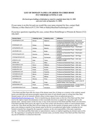 LIST OF DOMAIN NAMES AWARDED TO CHRIS BOSH
                                   IN CYBERSQUATTING CASE

                      (list based upon holdings of defendant as stated in complaint dated July 24, 2008
                                           and court order of September 21, 2009)

If your name is on this list and you would like your name returned for free, contact Hadi
Teherany at Max Deal at (917) 338-7946 or Hadi@MaxDealTechnologies.com1.

If you have questions regarding this case, contact Brian Heidelberger at Winston & Strawn (312)
558-5897.

    Domain Name                      Celebrity name    Celebrity name     Affiliation
    nenadmijatovic.com               Nenad             Mijatovic          Professional Bastketball Player - Budućnost
                                                                          Professional Basketball Player who nicknamed
                                                                          himself "Kobe Stopper" for being able to play
    kobestopper.com                  Ruben             Patterson          strong defense against Kobe Bryant
                                                                          Professional Basketball Player - Washington
    andrayblatche.com                Andray            Blatche            Wizards
                                                                          Professional Basketball Player - Washington
    caronbutler.com                  Caron             Butler             Wizards
                                                                          Professional Basketball Player - Washington
    dominicmcguire.com               Dominic           McGuire            Wizards
                                                                          Professional Basketball Player - VEF Riga
    romangumenyuk.com                Roman             Gumenyuk           (Latvia)
                                                                          Professional Basketball Player - Utah Jazz
    antetomic.com                    Ante              Tomic              (drafted in 2008)
    cjmiles.com                      C.J.              Miles              Professional Basketball Player - Utah Jazz
    deronwilliams.com                Deron             Williams           Professional Basketball Player - Utah Jazz
    kostakoufos.com                  Kosta             Koufos             Professional Basketball Player - Utah Jazz
    kostakoufus.com                  Kosta             Koufos             Professional Basketball Player - Utah Jazz
    kyrylofesenko.com                Kyrylo            Fesenko            Professional Basketball Player - Utah Jazz
    morrisalmond.com                 Morris            Almond             Professional Basketball Player - Utah Jazz
    paulmillsap.com                  Paul              Millsap            Professional Basketball Player - Utah Jazz
    ronnieprice.com                  Ronnie            Price              Professional Basketball Player - Utah Jazz
                                                                          Professional Basketball Player - used to play for
    mattfreije.com                   Matt              Freije             Atlanta Hawks, now a free agent
    pauloprestes.com                 Paulo             Prestes            Professional Basketball Player - Unicaja (Spain)
                                                                          Professional Basketball Player - Turkish
    marshallstrickland.com           Marshall          Strickland         Basketball League


1
  Chris Bosh and Max Deal offer the return of the domain name free of charge as a courtesy to the celebrity named
herein, provided that such person promptly requests the return of such domain name in writing from Max Deal.
Domain names will not be returned without a direct written request from an authorized person to
Hadi@MaxDealTechnologies.com. Prior to transferring any domain name on this list, Chris Bosh and Max Deal
reserve the right to require documentation in their reasonable discretion to support the requester's rights in the
domain name. Domain names on this list may or may not be renewed at Chris Bosh and Max Deal's sole discretion.
Chris Bosh and Max Deal reserve the right to at any time in their sole discretion to delete or cancel domain names
on this list. Chris Bosh and Max Deal will not charge any fees for the transfer of domain names on this list. All third
party costs relating to transfer of any domain name on this list to an authorized rights holder, including but not
limited to transfer fees charged by the requester's registrar, are the sole responsibility of the party requesting
transfer. Chris Bosh and Max Deal make no representations express or implied regarding any domain name on this
list. By requesting or accepting the transfer of a domain name, you hereby release Chris Bosh and Max Deal from
any and all liabilities in connection therewith.


CHI:2310337.2
 