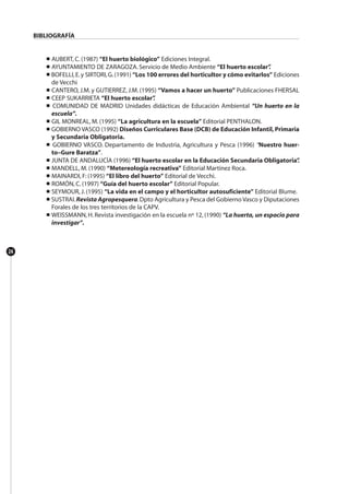 24
BIBLIOGRAFÍA
■ AUBERT, C. (1987) “El huerto biológico” Ediciones Integral.
■ AYUNTAMIENTO DE ZARAGOZA. Servicio de Medio Ambiente “El huerto escolar”.
■ BOFELLI,E.y SIRTORI,G.(1991) “Los 100 errores del horticultor y cómo evitarlos” Ediciones
de Vecchi
■ CANTERO, J.M. y GUTIERREZ, J.M. (1995) “Vamos a hacer un huerto” Publicaciones FHERSAL
■ CEEP SUKARRIETA “El huerto escolar”.
■ COMUNIDAD DE MADRID Unidades didácticas de Educación Ambiental “Un huerto en la
escuela”.
■ GIL MONREAL, M. (1995) “La agricultura en la escuela” Editorial PENTHALON.
■ GOBIERNO VASCO (1992) Diseños Curriculares Base (DCB) de Educación Infantil,Primaria
y Secundaria Obligatoria.
■ GOBIERNO VASCO. Departamento de Industria, Agricultura y Pesca (1996) “Nuestro huer-
to–Gure Baratza”.
■ JUNTA DE ANDALUCÍA (1996) “El huerto escolar en la Educación Secundaria Obligatoria”.
■ MANDELL, M. (1990) “Metereología recreativa” Editorial Martínez Roca.
■ MAINARDI, F: (1995) “El libro del huerto” Editorial de Vecchi.
■ ROMÓN, C. (1997) “Guía del huerto escolar” Editorial Popular.
■ SEYMOUR, J. (1995) “La vida en el campo y el horticultor autosuficiente” Editorial Blume.
■ SUSTRAI.Revista Agropesquera.Dpto Agricultura y Pesca del Gobierno Vasco y Diputaciones
Forales de los tres territorios de la CAPV.
■ WEISSMANN, H.Revista investigación en la escuela nº 12, (1990) “La huerta, un espacio para
investigar”.
 