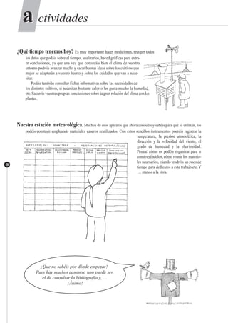 ctividadesctividadesaa
36
¿Qué tiempo tenemos hoy? Es muy importante hacer mediciones, recoger todos
los datos que podáis sobre el tiempo, analizarlos, haced gráficas para extra-
er conclusiones, ya que una vez que conozcáis bien el clima de vuestro
entorno podréis avanzar mucho y sacar buenas ideas sobre los cultivos que
mejor se adaptarán a vuestro huerto y sobre los cuidados que van a nece-
sitar.
Podéis también consultar fichas informativas sobre las necesidades de
los distintos cultivos, si necesitan bastante calor o les gusta mucho la humedad,
etc. Sacaréis vuestras propias conclusiones sobre la gran relación del clima con las
plantas.
Nuestra estación meteorológica. Muchos de esos aparatos que ahora conocéis y sabéis para qué se utilizan, los
podéis construir empleando materiales caseros reutilizados. Con estos sencillos instrumentos podréis registrar la
temperatura, la presión atmosférica, la
dirección y la velocidad del viento, el
grado de humedad y la pluviosidad.
Pensad cómo os podéis organizar para ir
construyéndolos, cómo reunir los materia-
les necesarios, cúando tendréis un poco de
tiempo para dedicaros a este trabajo etc.Y
… manos a la obra.
¿Que no sabéis por dónde empezar?
Pues hay muchos caminos, uno puede ser
el de consultar la bibliografía y, …
¡Ánimo!
 