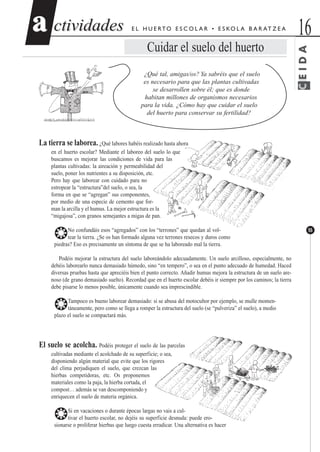 CEIDA
ctividadesctividades 16aa
55
E L H U E RTO E S C O L A R • E S KO L A B A R AT Z E A
Cuidar el suelo del huerto
¿Qué tal, amigas/os? Ya sabréis que el suelo
es necesario para que las plantas cultivadas
se desarrollen sobre él; que es donde
habitan millones de organismos necesarios
para la vida. ¿Cómo hay que cuidar el suelo
del huerto para conservar su fertilidad?
La tierra se laborea. ¿Qué labores habéis realizado hasta ahora
en el huerto escolar? Mediante el laboreo del suelo lo que
buscamos es mejorar las condiciones de vida para las
plantas cultivadas: la aireación y permeabilidad del
suelo, poner los nutrientes a su disposición, etc.
Pero hay que laborear con cuidado para no
estropear la “estructura”del suelo, o sea, la
forma en que se “agregan” sus componentes,
por medio de una especie de cemento que for-
man la arcilla y el humus. La mejor estructura es la
“migajosa”, con granos semejantes a migas de pan.
❂No confundáis esos “agregados” con los “terrones” que quedan al vol-
tear la tierra. ¿Se os han formado alguna vez terrones resecos y duros como
piedras? Eso es precisamente un síntoma de que se ha laboreado mal la tierra.
Podéis mejorar la estructura del suelo laboreándolo adecuadamente. Un suelo arcilloso, especialmente, no
debéis laborearlo nunca demasiado húmedo, sino “en tempero”, o sea en el punto adecuado de humedad. Haced
diversas pruebas hasta que apreciéis bien el punto correcto. Añadir humus mejora la estructura de un suelo are-
noso (de grano demasiado suelto). Recordad que en el huerto escolar debéis ir siempre por los caminos; la tierra
debe pisarse lo menos posible, únicamente cuando sea imprescindible.
❂Tampoco es bueno laborear demasiado: si se abusa del motocultor por ejemplo, se mulle momen-
táneamente, pero como se llega a romper la estructura del suelo (se “pulveriza” el suelo), a medio
plazo el suelo se compactará más.
El suelo se acolcha. Podéis proteger el suelo de las parcelas
cultivadas mediante el acolchado de su superficie; o sea,
disponiendo algún material que evite que los rigores
del clima perjudiquen el suelo, que crezcan las
hierbas competidoras, etc. Os proponemos
materiales como la paja, la hierba cortada, el
compost… además se van descomponiendo y
enriquecen el suelo de materia orgánica.
❂Si en vacaciones o durante épocas largas no vais a cul-
tivar el huerto escolar, no dejéis su superficie desnuda: puede ero-
sionarse o proliferar hierbas que luego cuesta erradicar. Una alternativa es hacer
 