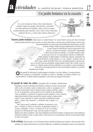 ctividadesctividades 17aa
57
E L H U E RTO E S C O L A R • E S KO L A B A R AT Z E A
Un jardín botánico en la escuela
Los seres humanos hemos observado durante
muchos siglos las plantas del entorno, cubriendo
con ellas muchas necesidades. Hoy en día se siguen
usando plantas para muchas cosas: hacer tintes naturales,
elaborar licores, y sobre todo cultivar alimentos.
Nuestro jardín botánico. Podéis hacer un “jardín botánico” en vuestro huerto escolar, pero antes investigad
sobre las plantas útiles de vuestro entorno. Las más interesantes y sencillas para el jardín botánico serán las que
crecen naturalmente en vuestra zona: haced salidas para identificarlas, y haced-
les fotos o dibujos. Podéis conseguir información en los libros, pero
la mejor fuente de información serán los agricultores/as del
entorno, o personas aficionadas a recolectarlas. Preguntadles
si saben cómo recoger sus semillas, si se pueden esquejar y plan-
tar, para qué sirven, etc. Si cortáis plantas, hacedlo con moderación.
Podéis preparar el jardín botánico de diferentes maneras: destinando una
parcela del huerto a jardín botánico o, si son “anuales”, incluirlas como un
cultivo más, o dentro del jardín. Otras veces convendrá ponerlas en macetas, por-
que en invierno haya que protegerlas, porque pueden invadir todo el jardín (como la
menta), etc. Algunas quizás convenga sembrarlas en un semillero, y luego transplantar-
las al terreno. Investigad qué tipo de suelo, luminosidad, cuidados, etc. prefieren
las plantas que escojáis.
❂Para guardar la información, podéis preparar un herbario: con fotos, dibujos, o una parte prensa-
da de la planta y su descripción, su nombre en euskera y castellano, su nombre científico y su
familia botánica, su hábitat natural, propiedades u otros datos que juzguéis interesantes.
El perejil de todas las salsas. Investigad sobre las plantas condimentarias:
Preguntad a vuestros/as familiares qué hierbas se utilizan en vuestras casas para dar
sabor o color a los platos, cuáles se usaban antes y cómo se conseguían, etc. En
el huerto escolar podéis cultivar muchas de ellas: orégano, cebollino, mejora-
na, etc. Os proponemos cultivar perejil. Es de la familia de las umbelíferas,
como la zanahoria; ¿se parecen? Le gustan los suelos húmedos y ricos en humus;
soporta bien distintos climas, pero prefiere algo de sombra y soporta mal la
sequía. Es muy apreciado en nuestra cocina para condimentar muchos
platos; y aparte, tiene vitamina C y minerales, abre el apetito y es
digestivo.
Para cultivar perejil, sembradlo a mediados de primavera al aire
libre, o también en otoño en maceteros, protegiéndolo durante el
invierno. Sembradlo “a voleo”, o en hileras de 15 cm. Las semillas
germinan con dificultad, por lo que conviene tenerlas en remojo y
dejarlas secar antes de sembrar, y dar riegos abundantes las primeras semanas. Es bianual, pero como después de
la floración cambia su sabor, se cultiva como si fuera anual. Se va recolectando conforme se necesita para añadir
en fresco a los guisos.
Ir de verbena. Durante siglos, los seres humanos hemos utilizado las plantas para remediar o aliviar muchas enfer-
medades (¡el código de Hammurabi, escrito hace 4000 años, ya alababa las propiedades curativas de la planta del
CEIDA
 