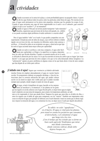 ctividadesctividadesaa
66
❂Cuando excavamos en la arena de la playa, a cierta profundidad aparece un pequeño charco. A partir
de ahí (la capa freática) todos los poros entre las partículas están llenos de agua. Por encima de esa
capa, el agua suele permanecer en los poros más pequeños, mientras que los grandes los ocupa el aire.
Cuando el agua encuentra una capa de tierra impermeable en el suelo o en el subsuelo ¿qué ocurrirá?
¿Sabéis lo que es un “acuífero”? ¿Y un manantial?
❂Cuando el agua se filtra por un terreno puede transportar “sales minerales”
disueltas, organismos que provienen de las heces del ganado, etc. ¿Sabéis
si eso puede ocasionar algún problema al medio ambiente o a nuestra salud?
Pero el agua también “sube” en el suelo, lo que podéis comprobar con este
experimento: Llenad una serie de tubos de ensayo, cuyo orificio inferior se habrá
tapado con un trozo de tela, con muestras de diferentes suelos (más arenosa o
arcillosa…) Colocad los tubos en un recipiente con agua, y observad en qué tipo
de suelo el agua asciende hasta mayor altura por capilaridad.
❂Cuando un suelo es arcilloso y está muy compacto, el agua sube fácil-
mente por capilaridad, y al llegar a la superficie se evapora, depositán-
dose las sales que llevaba disueltas. Cuando se acumula mucha sal en el suelo,
se dificulta la absorción por las raíces. Es lo que ha ocurrido en tierras de cultivo que se riegan “por inun-
dación” o con agua que proviene de otros campos a los que se les echa demasiado abono inorgánico. La
“salinización” supone un grave problema en algunas zonas en las que hasta ahora vivían de unos campos
que han dejado de ser útiles para cultivar.
¡Cuidado con el agua! Seguro que vosotras/os ya habréis adivinado
muchas formas de emplear adecuadamente el agua en vuestro huerto
escolar. Os proponemos elaborar un pequeño decálogo, o lista de ins-
trucciones para la correcta utilización del agua, que podéis colocar
escrito en un mural en algún sitio visible para que lo podáis recordar
siempre (por ejemplo, donde tengáis el punto de toma de agua).
❂Al regar, evitad el despilfarro de agua; hacedlo en las mejores
horas (al anochecer y al amanecer). A las plantas no les gusta
que las reguéis en un día caluroso con el agua fría del grifo; es mejor tener agua en algún
tonel o depósito con una toma de manguera, pues estará a la temperatura ambiente; así ade-
más se irá evaporando el cloro que pueda llevar. Tampoco les gusta que unos días os olvidéis de ellas, y
otros les reguéis con el doble de agua para compensar; eso las “estresa”. También son importantes otras
cosas en relación al agua; por ejemplo no laborear con el suelo húmedo o tener en cuenta que el abono orgá-
nico mejora la retención del agua y no contamina los ríos; no dejar secar el suelo por dejarlo descubierto.
Ya sabéis: no seáis “aguafiestas”
en el huerto. El agua es vital para las plantas,
pero tened en cuenta los perjuicios que causamos
al derrocharla, o al contaminar el agua
que luego irá a los ríos.
¡Con el tiempo que ha costado que se forme un
buen suelo agrícola! Tendríamos que mirar
más dónde construimos,
dónde conviene cultivar, dónde debe
dejarse bosque, etc.
 