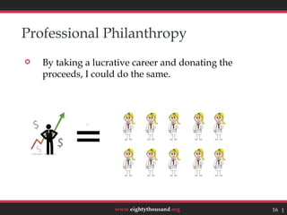 Professional Philanthropy
   By taking a lucrative career and donating the
    proceeds, I could do the same.




              




                     www.eightythousand.org         16 16
 