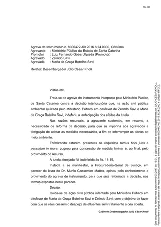 Gabinete Desembargador Júlio César Knoll
Agravo de Instrumento n. 8000472-60.2016.8.24.0000, Criciúma
Agravante : Ministério Público do Estado de Santa Catarina
Promotor : Luiz Fernando Góes Ulysséa (Promotor)
Agravado : Zelindo Savi
Agravada : Maria da Graça Botelho Savi
Relator: Desembargador Júlio César Knoll
Vistos etc.
Trata-se de agravo de instrumento interposto pelo Ministério Público
de Santa Catarina contra a decisão interlocutória que, na ação civil pública
ambiental ajuizada pelo Ministério Público em desfavor de Zelindo Savi e Maria
da Graça Botelho Savi, indeferiu a antecipação dos efeitos da tutela.
Nas razões recursais, a agravante sustentou, em resumo, a
necessidade de reforma da decisão, para que se imponha aos agravados a
obrigação de adotar as medidas necessárias, a fim de interromper os danos ao
meio ambiente.
Enfatizando estarem presentes os requisitos fumus boni juris e
periculum in mora, pugnou pela concessão de medida liminar e, ao final, pelo
provimento do recurso.
A tutela almejada foi indeferida às fls. 18-19.
Instada a se manifestar, a Procuradoria-Geral de Justiça, em
parecer da lavra do Dr. Murilo Cassemiro Mattos, opinou pelo conhecimento e
provimento do agravo de instrumento, para que seja reformada a decisão, nos
termos expostos neste parecer.
Decido.
Cuida-se de ação civil pública intentada pelo Ministério Público em
desfavor de Maria da Graça Botelho Savi e Zelindo Savi, com o objetivo de fazer
com que os réus cessem o despejo de efluentes sem tratamento a céu aberto.
Paraconferirooriginal,acesseositehttps://esaj.tjsc.jus.br/esaj,informeoprocesso8000472-60.2016.8.24.0000ecódigo87F0C3.
Estedocumentofoiliberadonosautosem03/07/2017às16:01,écópiadooriginalassinadodigitalmenteporJULIOCESARKNOLL.
fls. 38
 