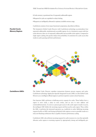 EMC SYMMETRIX 8000 ENTERPRISE PLUS STORAGE SYSTEMS PRODUCT DESCRIPTION GUIDE



                   • Cache memory is partitioned into 16 separately addressable regions

                   • Requests for cache are expedited to reduce locking

                   • Requests are intelligently arbitrated to optimize available resource usage


                   CacheStorm consists of two major functional components, described as follows.

Parallel Cache     The Symmetrix Global Cache Director with CacheStorm technology accommodates four
Memory Regions     separately addressable, simultaneously accessible regions. So, in a Symmetrix system with four
                   cache directors, there are 16 separately addressable and accessible cache regions. Compared to
                   single region cashing, this greatly reduces the probability of contention for cache access that
                   results in cache queuing and lower performance.




CacheStorm ASICs   The Global Cache Director expedites transactions between process requests and cache.
                   CacheStorm technology Application Speciﬁc Integrated Circuits (ASICs) on the Global Cache
                   Director act as intelligent ofﬂoad engines to perform repetitive system critical functions.


                   One function ASICs performs is buffering service requests for cache. These buffers have a
                   region to store reads, a place to store writes, and an area to store address and
                   command/instructions. As soon as a process gets access to the cache region it needs to access,
                   the intelligent ASIC buffers the incoming request and frees up the cache region. Then, within
                   the ASIC, it performs the instructed operation e.g., read/write to cache. Buffering incoming
                   requests locally on ASICs and freeing up blocked cache regions as soon as possible results in a
                   truly non-blocking architecture that is capable of massive performance scaling.


                   CacheStorm ASICs also arbitrate incoming requests for cache resources in a way that optimally
                   allocates cache regions to incoming requests by appropriately timing and intelligently pre-




                   12
 