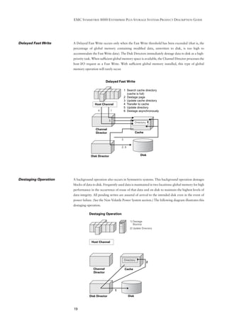 EMC SYMMETRIX 8000 ENTERPRISE PLUS STORAGE SYSTEMS PRODUCT DESCRIPTION GUIDE




Delayed Fast Write    A Delayed Fast Write occurs only when the Fast Write threshold has been exceeded (that is, the
                      percentage of global memory containing modiﬁed data, unwritten to disk, is too high to
                      accommodate the Fast Write data). The Disk Directors immediately destage data to disk as a high-
                      priority task. When sufﬁcient global memory space is available, the Channel Director processes the
                      host I/O request as a Fast Write. With sufﬁcient global memory installed, this type of global
                      memory operation will rarely occur.


                                                Delayed Fast Write

                                                            1 Search cache directory
                                                              (cache is full)
                                                            2 Destage page
                                                            3 Update cache directory
                                      Host Channel          4 Transfer to cache
                                                            5 Update directory
                                                            6 Destage asynchronously


                                                                      Directory

                                      Channel
                                      Director                        Cache




                                   Disk Director                          Disk




Destaging Operation   A background operation also occurs in Symmetrix systems. This background operation destages
                      blocks of data to disk. Frequently used data is maintained in two locations: global memory for high
                      performance in the occurrence of reuse of that data and on disk to maintain the highest levels of
                      data integrity. All pending writes are assured of arrival to the intended disk even in the event of
                      power failure. (See the Non-Volatile Power System section.) The following diagram illustrates this
                      destaging operation.

                                  Destaging Operation

                                                                1] Destage
                                                                   Block(s)
                                                                2] Update Directory




                                   Host Channel




                                                            Directory
                                                                                  2

                                     Channel                Cache
                                     Director




                                                     1
                                  Disk Director                Disk



                      19
 