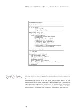EMC SYMMETRIX 8000 ENTERPRISE PLUS STORAGE SYSTEMS PRODUCT DESCRIPTION GUIDE




                                       Load new Enginuity upgrade

                                       Load in-family Enginuity upgrade

                                       SCSI Code Upgrade
                                                - Change System-IDs
                                                - Change Conﬁguration Flags

                                       Change Ofﬂine Director Flags
                                        - Change Directors Conﬁguration
                                        - Change Volumes Conﬁguration
                                               - Add new logicals to existing physicals online
                                               - Add new Physicals
                                               - Changing from Normal volume to BCV
                                               - Changing from BCV to Normal volume
                                               - Changing from a Normal volume to a DRV
                                               - Changing from a DRV to a normal volume
                                               - Convert from Mirrors to Raid-S
                                               - Convert from Raid-S to Mirror (additional drives required)
                                               - Changing from Host emulation of SO to S

                                       Change Meta Volumes Conﬁguration

                                         - Change Host

                                       Change Volumes MIGRATION status
                                           - Add RDF to Non-RDF system
                                           - Add and remove devices to the RDF link.
                                           - Swap RDF volumes and resync.
                                           - Change RDF assignments.
                                           - Online Add/Remove empty RDF group.
                                           - Remove RDF to Non-RDF box (currently requires a 2 step process)
                                       - Increase memory size
                                       - Upgrade Eprom




Symmetrix Non-disruptive      More than 50,000 non-disruptive upgrades have been carried out on Symmetrix systems in the
Enginuity Upgrade Procedure   past two years.

                              Enginuity upgrades, performed by the EMC product support engineers (PSEs) at the EMC
                              Customer Support Center, provide enhancements to performance algorithms, error recovery and
                              reporting techniques, diagnostics, and microcode ﬁxes. The Symmetrix system does not require
                              manual intervention on the customer’s part to perform this function. All Channel and Disk
                              Directors remain in an online state to the host processor, thus maintaining application access.




                              41
 