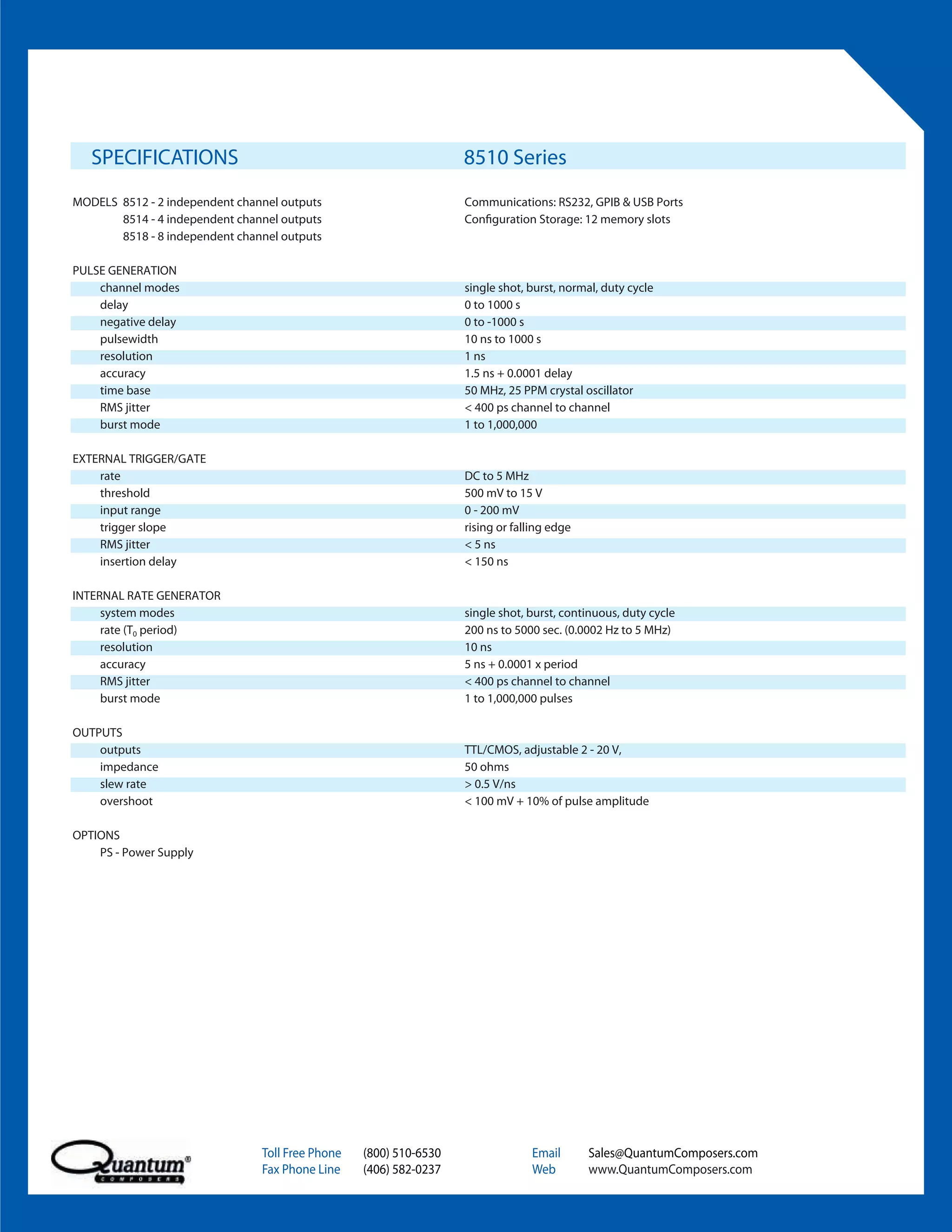 SPECIFICATIONS                                                  8510 Series
MODELS 8512 - 2 independent channel outputs                        Communications: RS232, GPIB & USB Ports
       8514 - 4 independent channel outputs                        Configuration Storage: 12 memory slots
       8518 - 8 independent channel outputs

PULSE GENERATION
    channel modes                                                  single shot, burst, normal, duty cycle
    delay                                                          0 to 1000 s
    negative delay                                                 0 to -1000 s
    pulsewidth                                                     10 ns to 1000 s
    resolution                                                     1 ns
    accuracy                                                       1.5 ns + 0.0001 delay
    time base                                                      50 MHz, 25 PPM crystal oscillator
    RMS jitter                                                     < 400 ps channel to channel
    burst mode                                                     1 to 1,000,000

EXTERNAL TRIGGER/GATE
    rate                                                           DC to 5 MHz
    threshold                                                      500 mV to 15 V
    input range                                                    0 - 200 mV
    trigger slope                                                  rising or falling edge
    RMS jitter                                                     < 5 ns
    insertion delay                                                < 150 ns

INTERNAL RATE GENERATOR
     system modes                                                  single shot, burst, continuous, duty cycle
     rate (T0 period)                                              200 ns to 5000 sec. (0.0002 Hz to 5 MHz)
     resolution                                                    10 ns
     accuracy                                                      5 ns + 0.0001 x period
     RMS jitter                                                    < 400 ps channel to channel
     burst mode                                                    1 to 1,000,000 pulses

OUTPUTS
    outputs                                                        TTL/CMOS, adjustable 2 - 20 V,
    impedance                                                      50 ohms
    slew rate                                                      > 0.5 V/ns
    overshoot                                                      < 100 mV + 10% of pulse amplitude

OPTIONS
    PS - Power Supply




                                Toll Free Phone   (800) 510-6530                Email       Sales@QuantumComposers.com
                                Fax Phone Line    (406) 582-0237                Web         www.QuantumComposers.com
 