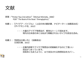 44
⽂献
原著︓“Thinker Toys 2nd edition”（Michael Michalko, 2006）
P287 ʻ The Book of the Dead（hieroglyphics) ʼ
和書１︓『アイデア・バイブル』（上...