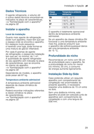 Instalação e ligação pt
29
Dados Técnicos
O agente refrigerante, o volume útil
e outros dados técnicos encontram-se
indicados na placa de características.
~ "Familiarização com o aparelho"
na página 32
Instalar o aparelho
Local da instalação
Quanto mais agente de refrigeração
existir num aparelho, maior tem que ser
o espaço onde se encontra o aparelho.
Em espaços muito pequenos
e havendo uma fuga, pode formar-se
uma mistura de gás/ar inflamável.
Por cada 8 gramas de agente
de refrigeração, o espaço da instalação
tem que ser, no mínimo, de 1 m³.
A quantidade de agente refrigerador
do seu aparelho vem indicada na placa
de características, que se encontra
no interior do aparelho.
~ "Familiarização com o aparelho"
na página 32
Dependendo do modelo, o aparelho
pode pesar até 67 kg.
Temperatura ambiente admissível
A temperatura ambiente admissível
depende da classe climática do
aparelho.
Poderá encontrar indicações referentes
à classe climática na placa
de características.
~ "Familiarização com o aparelho"
na página 32
O aparelho é totalmente operacional
dentro da temperatura ambiente
admissível.
Se um aparelho da classe climática SN
funcionar a uma temperatura ambiente
mais fria, pode-se presumir que
o aparelho não sofrerá quaisquer danos
até uma temperatura ambiente
de +5 °C.
Profundidade do nicho
Recomenda-se um nicho com 56 cm
de profundidade para o aparelho. Se
a profundidade do nicho for menor
(no mínimo, 55 cm), o consumo
de energia aumenta ligeiramente.
Instalação Side-by-Side
Caso pretenda utilizar um segundo
aparelho com compartimento de
congelação nas proximidades do
presente aparelho, é necessário
respeitar uma distância de 15 cm entre
os dois.
Sem uma distância mínima, este
aparelho só pode ser colocado junto de
aparelhos sem compartimento de
congelação e com uma largura de
556 mm.
Classe
climática
Temperatura ambiente
admissível
SN +10 °C ... 32 °C
N +16 °C ... 32 °C
ST +16 °C ... 38 °C
T +16 °C ... 43 °C
 