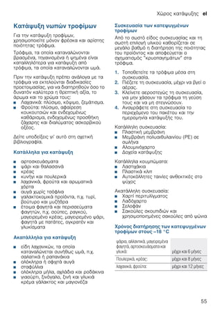 Χώρος κατάψυξης el
55
Κατάψυξη νωπών τροφίμων
Για την κατάψυξη τροφίμων,
χρησιμοποιείτε μόνον φρέσκα και αρίστης
ποιότητας τρόφιμα.
Τρόφιμα, τα οποία καταναλώνονται
βρασμένα, τηγανισμένα ή ψημένα είναι
καταλληλότερα για κατάψυξη από
τρόφιμα, τα οποία καταναλώνονται ωμά.
Πριν την κατάψυξη πρέπει ανάλογα με τα
τρόφιμα να εκτελούνται διαδικασίες
προετοιμασίας, για να διατηρηθούν όσο το
δυνατόν καλύτερα η θρεπτική αξία, το
άρωμα και το χρώμα τους:
■ Λαχανικά: πλύσιμο, κόψιμο, ζεμάτισμα.
■ Φρούτα: πλύσιμο, αφαίρεση
κουκουτσιών και ενδεχομένως
καθάρισμα, ενδεχομένως προσθήκη
ζάχαρης και διαλύματος ασκορβικού
οξέος.
Δείτε υποδείξεις γι’ αυτό στη σχετική
βιβλιογραφία.
Κατάλληλα για κατάψυξη
■ αρτοσκευάσματα
■ ψάρι και θαλασσινά
■ κρέας
■ κυνήγι και πουλερικά
■ λαχανικά, φρούτα και αρωματικά
χόρτα
■ αυγά χωρίς τσόφλια
■ γαλακτοκομικά προϊόντα, π.χ. τυρί,
βούτυρο και μυζήθρα
■ έτοιμα φαγητά και περισσεύματα
φαγητών, π.χ. σούπες, ραγκού,
μαγειρεμένο κρέας, μαγειρεμένο ψάρι,
φαγητά με πατάτες, ογκρατέν και
γλυκίσματα
Ακατάλληλα για κατάψυξη
■ είδη λαχανικών, τα οποία
καταναλώνεται συνήθως ωμά, π.χ.
σαλατικά ή ραπανάκια
■ ολόκληρα ή σφιχτά αυγά
■ σταφύλλια
■ ολόκληρα μήλα, αχλάδια και ροδάκινα
■ γιαούρτι, ξινόγαλο, ξινή και γλυκιά
κρέμα γάλακτος και μαγιονέζα
Συσκευασία των κατεψυγμένων
τροφίμων
Από το σωστό είδος συσκευασίας και τη
σωστή επιλογή υλικού καθορίζεται σε
μεγάλο βαθμό η διατήρηση της ποιότητας
του προϊόντος και αποφεύγεται ο
σχηματισμός ”κρυοπαγημάτων” στα
τρόφιμα.
1. Τοποθετείτε τα τρόφιμα μέσα στη
συσκευασία.
2. Πιέζετε τη συσκευασία, μέχρι να βγεί ο
αέρας.
3. Κλείνετε αεροστεγώς τη συσκευασία,
για μην χάσουν τα τρόφιμα τη γεύση
τους και να μη στεγνώσουν.
4. Αναγράφετε στη συσκευασία το
περιεχόμενο του πακέτου και την
ημερομηνία κατάψυξής του.
Κατάλληλη συσκευασία:
■ Πλαστική μεμβράνη
■ Μεμβράνη πολυαιθυλαινίου (PE) σε
σωλήνα
■ Αλουμινόχαρτο
■ Δοχεία κατάψυξης
Κατάλληλα κουμπώματα:
■ Λαστιχάκια
■ Πλαστικά κλιπ
■ Αυτοκόλλητες ταινίες ανθεκτικές στο
ψύχος
Ακατάλληλη συσκευασία:
■ Χαρτί περιτυλίγματος
■ Λαδόχαρτο
■ Σελοφάν
■ Σακούλες σκουπιδιών και
χρησιμοποιημένες σακούλες από ψώνια
Χρόνος διατήρησης των κατεψυγμένων
τροφίμων στους –18 °C
ψάρια, αλλαντικά, μαγειρεμένα
φαγητά, αρτοσκευάσματα και
γλυκά: μέχρι και 6 μήνες
Πουλερικά, κρέας: μέχρι και 8 μήνες
λαχανικά, φρούτα: μέχρι και 12 μήνες
 