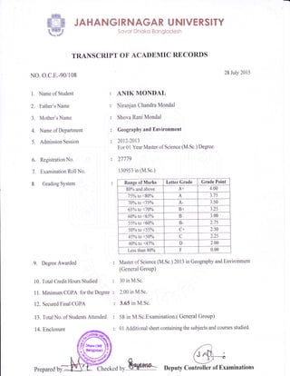 l.ffil
@mw JAHANGTRNAGAR UNTVERSTTY
ar-%^F Sovor Dhoko Bonglodesh
TRANSCRIPT OF ACADEMIC RECORDS
NO. O.C.E.-90/108
1. Name of Student
2. Father's Name
3. Mother's Name
4. lr{ame of Department
5. Admission Session
6. Registration No.
7. Examination Roll No.
8. Grading System
9. Degree Awarded
Total Credit Hours Studied
Minimum CGPA for the Degree
Secured Final CGPA
28 July 2AI5
AIIK MOI{DAL
Niranjan Chandra Mondal
Shova Rani Mondal
Geography and Environment
2012-2013
For 01 Year Master of Science (M.Sc.) Degree.
27779
130953 in (M.Sc.)
Range of Marks Letter Grade Grade Point
80% and above A+ 4.00
75%to <80% A 3.7 5
l0% to <7 5% A. 3.s0
65% to <70o/o B+ 3.25
6A% b <65oh B 3.00
55% to <60% B- 2.7 5
50% to <55oh c-f 2.50
45% to <50% C 2.25
4A% fi <45% D 2.00
Less than 40o/o F 0.00
Master of Science (M.Sc.) 2013 in Geography and Environment
(General Group)
30 in M.Sc
2.00 in M.Ss.
3.65 in M.Sc.
58 in M.Sc.Examination.( General Group)
01 Additional sheet containing the subjects and courses studied.
10.
11.
12.
13.
14.
Total No. of Students Attended
Enclosure
PrepareC by.* Deputy Controller of Examinations
 
