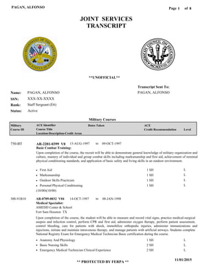 Page of1
11/01/2015
** PROTECTED BY FERPA **
PAGAN, ALFONSO 8
PAGAN, ALFONSO
XXX-XX-XXXX
Staff Sergeant (E6)
PAGAN, ALFONSO
Transcript Sent To:
Name:
SSN:
Rank:
JOINT SERVICES
TRANSCRIPT
**UNOFFICIAL**
Military Courses
ActiveStatus:
Military
Course ID
ACE Identifier
Course Title
Location-Description-Credit Areas
Dates Taken ACE
Credit Recommendation Level
Basic Combat Training:
Upon completion of the course, the recruit will be able to demonstrate general knowledge of military organization and
culture, mastery of individual and group combat skills including marksmanship and first aid, achievement of minimal
physical conditioning standards, and application of basic safety and living skills in an outdoor environment.
AR-2201-0399 V0750-BT 15-AUG-1997 09-OCT-1997
First Aid
Marksmanship
Outdoor Skills Practicum
Personal Physical Conditioning
L
L
L
L
1 SH
1 SH
1 SH
1 SH
Medical Specialist:
AR-0709-0032 V04 14-OCT-1997 08-JAN-1998
Upon completion of the course, the student will be able to measure and record vital signs, practice medical-surgical
asepsis and infection control, perform CPR and first aid, administer oxygen therapy, perform patient assessment,
control bleeding, care for patients with shock, immobilize orthopedic injuries, administer immunizations and
injections, initiate and maintain intravenous therapy, and manage patients with artificial airways. Students complete
National Registry Exam for Emergency Medical Technician Basic certification during the course.
300-91B10
AMEDD Center & School
Fort Sam Houston TX
Anatomy And Physiology
Basic Nursing Skills
Emergency Medical Technician Clinical Experience
1 SH
2 SH
2 SH
L
L
L
(10/00)(10/00)
to
to
 