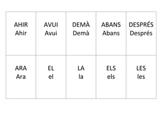 AHIR
Ahir
AVUI
Avui
DEMÀ
Demà
ABANS
Abans
DESPRÉS
Després
ARA
Ara
EL
el
LA
la
ELS
els
LES
les
 