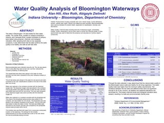 Water Quality Analysis of Bloomington Waterways
Alan Hill, Alex Roth, Abigayle Zielinski
Indiana University – Bloomington, Department of Chemistry
CONCLUSIONS
METHODS
ABSTRACT
RESULTS
ACKNOWLEDGEMENTS
We would like to thank the IU Chemistry Department, Dillman
Wastewater Treatment Plant, guest speakers, Kriste Lindberg,
Professor Burlingham, and the Hoosier Riverwatch Program for
everything they have provided us with.
REFERENCES
"Indiana Department of Environmental Management."
IDEM: Home. N.p., n.d. Web. 03 Dec. 2015.
Materials
• Turbidity Tube
• Phosphate Kit
• Nitrate/Nitrite Test Strips
• Dissolved Oxygen Kit
• pH Test Strips
• Macroinvertebrate Collection Net
• Thermometer
Two sites in Bloomington, IN were tested for their water
quality. The Jordan River, located on Indiana University’s
campus, and Cascades River, located northwest of campus,
were tested using physical, chemical, and biological
indicators. After sampling both sites on two separate
occasions, it was determined that the data confirms the water
quality to be healthy and safe at both test sites.
Execution of Data Collection:
Macroinvertebrates were collected using the net. The net was placed
next to rocks after they were turned over, and then collected the
increase probability of collecting taxa.
The nitrate/nitrite test strips were placed in the water for three
seconds, and then were compared to the color indicators located on
the bottle.
The pH test strips were placed in the water for one second and were
compared to the color classifications located on the side of the bottle
after one minute.
Water was captured in the container provided with the dissolved
oxygen test. The dissolved oxygen tube was placed in the container.
The tip was broken off to allow the water to enter the tube, and then
was shifted back and forth for one minute. The color was compared
to the dissolved oxygen tube colors provided with the dissolved
oxygen kit.
Water was collected in a container provided with the phosphate test.
Two drops of the phosphate testing solution were added to the
container, and was shaken for one minute. The phosphate tube was
placed in the container consisting of the solution. The tip of the tube
was broken to allow the water to enter. The tube was shifted back
and forth for one minute, and then was compared to the phosphate
colored tubes provided within the kit.
The turbidity tube was filled with water from a previously undisturbed
location on the waterway. This allowed for the turbidity
measurements to be more accurate than a site on the river where
the macroinvertebrate testing occurred.
Jordan River Cascades Creek
Tests Conducted 10/6/15 11/4/15 10/6/15 11/4/15
Macroinvertebrates
Riffle beetle larva;
Waterpenny;
Sowbug
Caddisfly larva;
Riffle beetle larva;
Waterpenny
Caddisfly larva;
Riffle beetle
larva;
Waterpenny
Mayfly larva;
Riffle beetle
larva;
Dragonfly
larva
Pollution Tolerance Index (PTI) 11 12 12 11
Habitat (CQHEI) 60 60 73 NED
Temperature (°C) 20.5 ND 17.73 ND
Temperature Change (°C) 0.5 ND 0.03 ND
Dissolved Oxygen (mg/L) 7 7 ND ND
pH 8 8 8 9
Ortho Phosphate (mg/L) 0.1 0.1 0.1 0.1
Nitrates (mg/L) 0.5 2 2 10
Turbidity (cm) 66 66 66 66
Water Quality Index (WQI) 85.6 NED NED NED
Through the data collected, it was determined that the natural water quality in
the Bloomington area is safe and healthy for all living organisms. The water
quality index was higher than the minimum safety requirements. The
variations between the two sites and different times were not significant
enough to be of any concern, as weather and seasonal alterations are
accounted for. The proper chemical levels and biological indicators were
present, resulting in a safe and environmentally friendly area.
Habitat: Physical tests including substrate, fish cover, stream shape, human alterations,
erosion, riparian area, depth, velocity, and riffles/runs were recorded. Macroinvertebrates
were used as indicators for stream health, dependent on classification, diversity, and
abundance.
Water Quality: Chemical tests including amounts of dissolved oxygen, phosphates,
nitrates, nitrites, temperature, and pH were used to monitor the chemical quality. A mass
spectrometer was used to determine the presence and abundance of various organic
compounds.
Retention
Time (min) Suspected Compound Abundance* Quality
Jordan
River
11/4/15
2.763 Cyclotrisiloxane, hexamethyl- 2608299 90
4.199 Cyclotetrasiloxane, octamethyl- 2427967 91
10.992
Diethyl 2-hydroxy-3-(tetrahydrofuran-2-
yl)succinate 4234693 53
Cascades
River
11/4/15
2.782 Cyclotrisiloxane, hexamethyl- 2513619 90
4.208 Cyclotetrasiloxane, octamethyl- 2457981 91
9.582 Phenol, 2,4-bis(1,1-dimethylethyl)- 1809851 95
10.99
Butanoic acid, 2-butoxy-1-methyl-2-oxoethyl
ester 2367842 53
GC/MS
Water Quality Testing
*ND = no data; NED = not enough data
*Significance threshold at 1,000,000 abundance
 