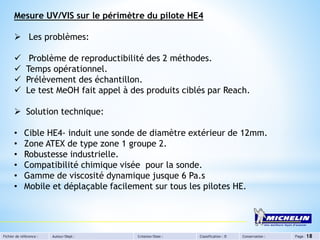 Fichier de référence : Auteur/Dept : Création/Date : Classification : D Conservation : Page : 18
Mesure UV/VIS sur le périmètre du pilote HE4
 Les problèmes:
 Problème de reproductibilité des 2 méthodes.
 Temps opérationnel.
 Prélèvement des échantillon.
 Le test MeOH fait appel à des produits ciblés par Reach.
 Solution technique:
• Cible HE4- induit une sonde de diamètre extérieur de 12mm.
• Zone ATEX de type zone 1 groupe 2.
• Robustesse industrielle.
• Compatibilité chimique visée pour la sonde.
• Gamme de viscosité dynamique jusque 6 Pa.s
• Mobile et déplaçable facilement sur tous les pilotes HE.
 